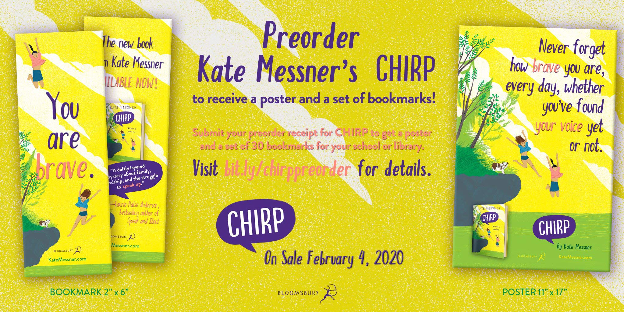 Pre-order Chirp and get a poster and a set of 30 bookmarks for your school or library. Visit bit.ly/chirppreorder for details