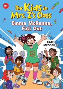 Cover of Emma McKenna, Full Out by Kate Messner. Image is a cartoon illustration of a school girl in a peace sign T-shirt standing on a lunch room table.